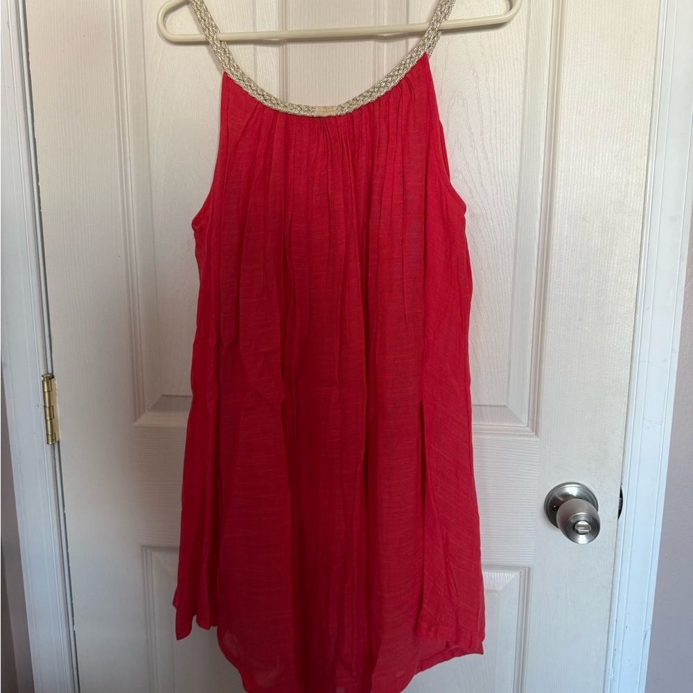 Chic Coral Mini Dress with Gold Accents